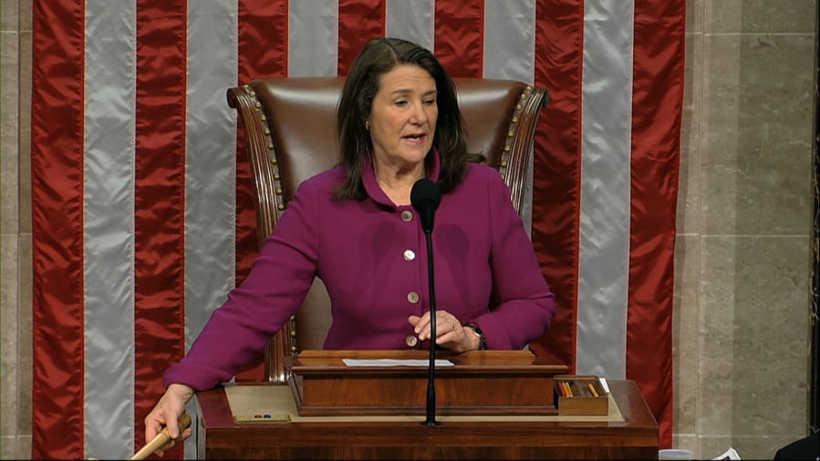 Rep. Diana DeGette, D-Colo., the Speaker Pro Tempore, presides as the House of Representatives begins the day for debates the articles of impeachment against President Donald Trump at the Capitol in Washington, Wednesday, Dec. 18, 2019.