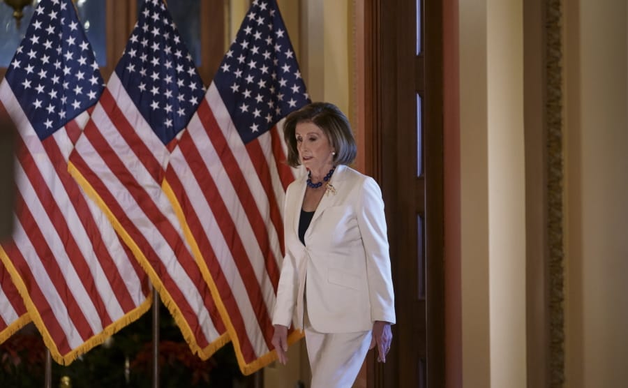 Speaker of the House Nancy Pelosi, D-Calif., arrives to make a statement at the Capitol in Washington, Thursday, Dec. 5, 2019.  Pelosi announced that the House is moving forward to draft articles of impeachment against President Donald Trump. (AP Photo/J.
