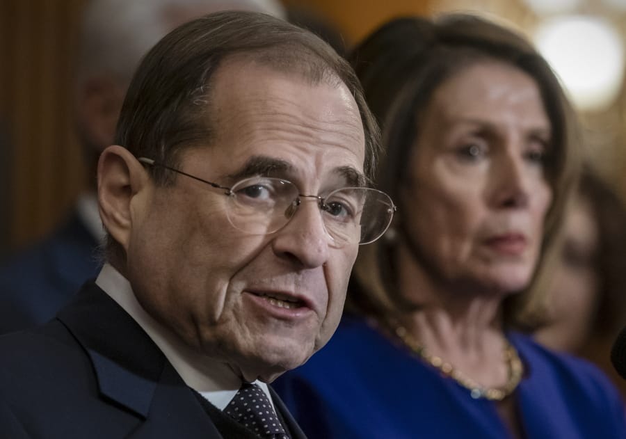 FILE - In this March 7, 2019, file photo, House Judiciary Committee Chairman Jerrold Nadler, D-N.Y., and Speaker of the House Nancy Pelosi, D-Calif., speak to reporters at the Capitol in Washington. The House Judiciary Committee is moving to the forefront of President Donald Trump&#039;s impeachment, starting with a hearing Wednesday, Dec. 4 to examine the &quot;high crimes and misdemeanors&quot; set out in the Constitution. (AP Photo/J.