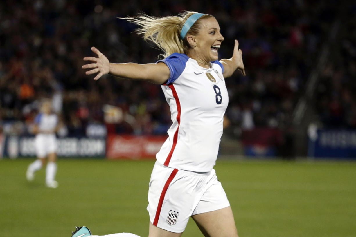 FILE - In this Sept. 15, 2017, file photo, United States defender Julie Ertz (8) celebrates after scoring a goal against New Zealand during the first half of an international friendly soccer match in Commerce City, Colo. Ertz has been named the U.S. Soccer women&#039;s Player of the Year on Friday, Dec. 13, 2019, for the second time. Ertz also won the award in 2017 and she won the federation&#039;s Young Player of the Year honors in 2012.