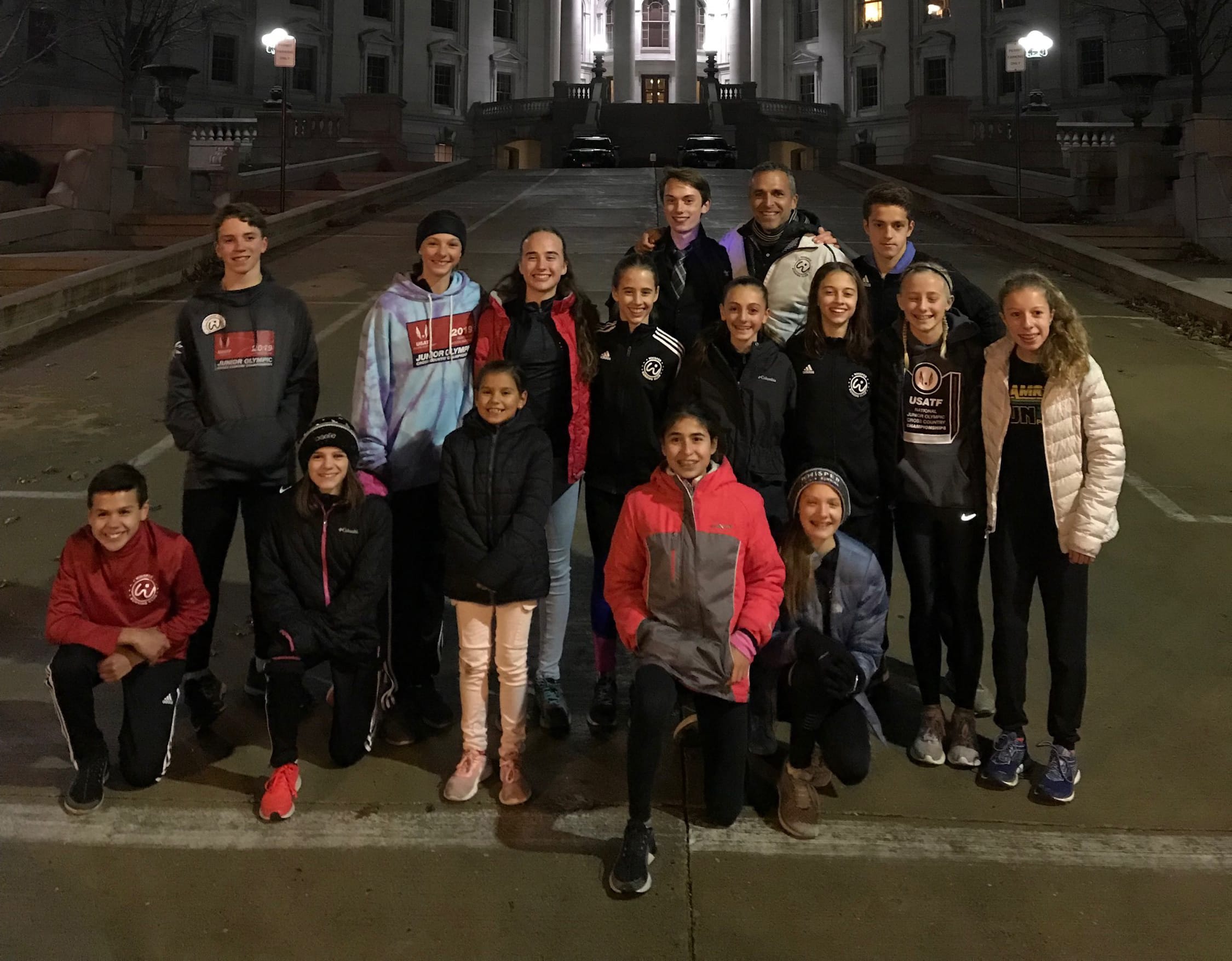 Members of Whisper Running at the capitol in Madison, Wis., where the USATF Junior Olympic Cross Country meet was held on Dec. 14, 2019.