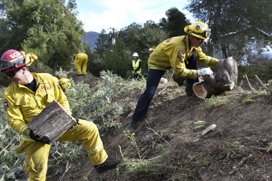 A fire prevention crew hauls away sections of a tree they cut down Wednesday, Nov. 20, 2019, near Redwood Estates, Calif. Authorities are rushing to clear vegetation in high-risk communities after fires killed 149 people and destroyed almost 25,000 homes over the past three years.