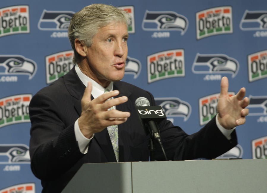 Pete Carroll was animated and energetic during his first press conference as head coach and executive vice president of the Seattle Seahawks on Jan. 12, 2010. (Ted S.