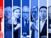 President Donald Trump, from left, Sen. Bernie Sanders, Sen. Elizabeth Warren, Washington Gov. Jay Inslee, Pete Buttigieg, Andrew Yang and Joe Biden.
