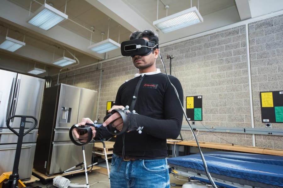 Researchers placed sensors on students&#039; joints to measure their muscle activity as they performed gestures commonly used in virtual reality.