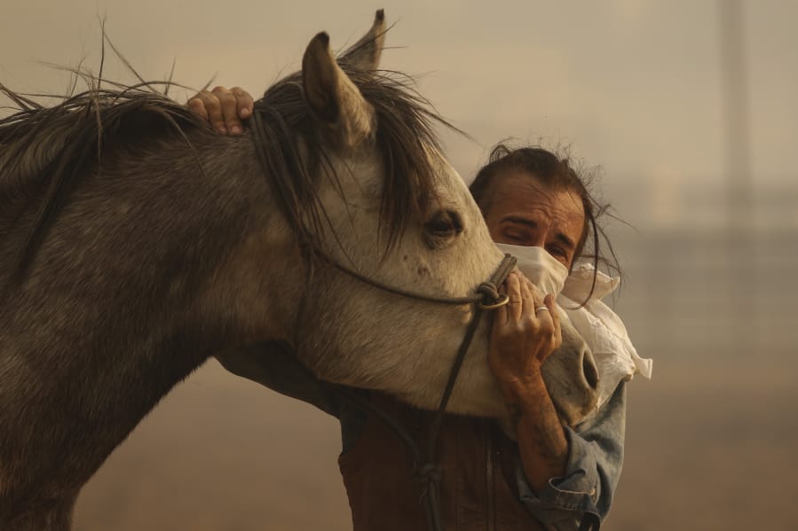 Fabio Losurdo comforts his horse, Smarty, at a ranch in Simi Valley, Calif., on Oct. 30. A brush fire broke out just before dawn in the Simi Valley area north of Los Angeles. (AP Photo/Ringo H.W.