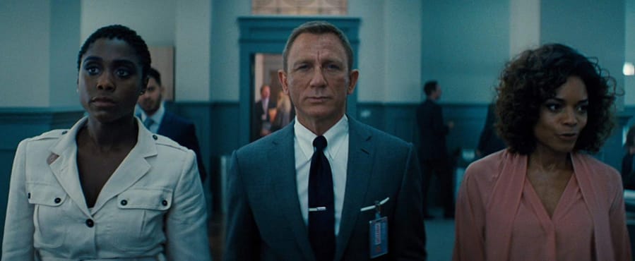 Lashana Lynch, from left, Daniel Craig and Naomie Harris in &quot;No Time to Die.&quot; (MGM/YouTube)