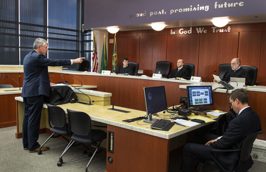 Defense attorney Timothy Hobbs addresses the court Tuesday during a state appeals hearing regarding a Millennium Bulk Terminals denied permit at the Clark County Public Service Center in Vancouver.