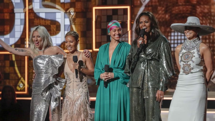 From left, Lady Gaga, Jada Pinkett Smith, Alicia Keys, Michelle Obama and Jennifer Lopez on Sunday, Feb. 10, 2019 at the 61st Grammy Awards at the Staples Center in Los Angeles, Calif.