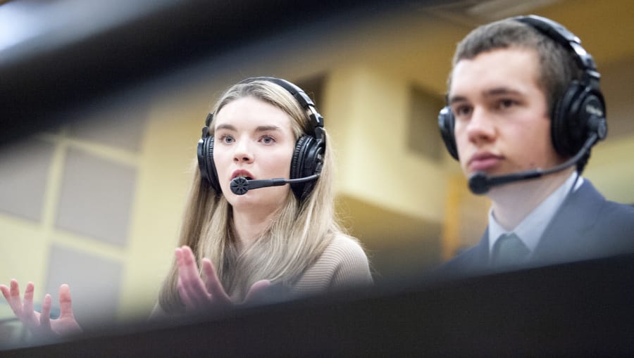 Columbia River senior Jordan Ryan provides the color commentary for VPS Game Time during a boys basketball game on Friday at Hudson&#039;s Bay High School.