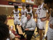 Prairie coach Jimmy Tuominen talks with his team during Friday night&#039;s game at Prairie High School in Vancouver on Jan. 10, 2020. Prairie won 44-32.
