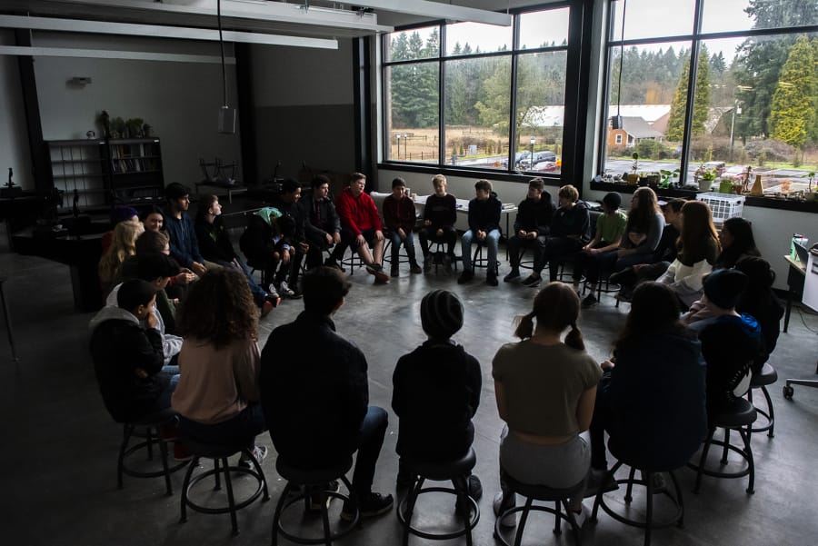 Students gather in a discussion circle, called a Socratic Seminar, during a sciences course at the new iTech Preparatory School on Friday morning. Students are encouraged to discuss the issues and ideas presented in a text in a Socratic Seminar setting.