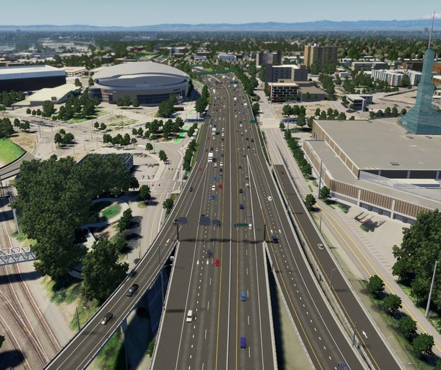 This sketch shows Interstate 5, looking north toward the Moda Center, after auxiliary lanes between onramps and offramps have been added to the freeway and street improvements have been made near the Rose Quarter.