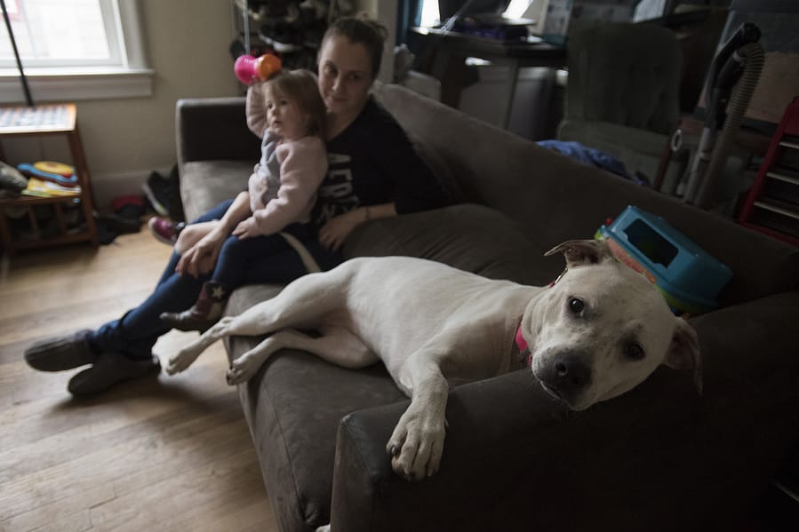 Pyperann Jones, 22 months, relaxes with her mother, Taylor Jones, and one of the family&#039;s dogs, Bonnie, 1, at their Vancouver home.