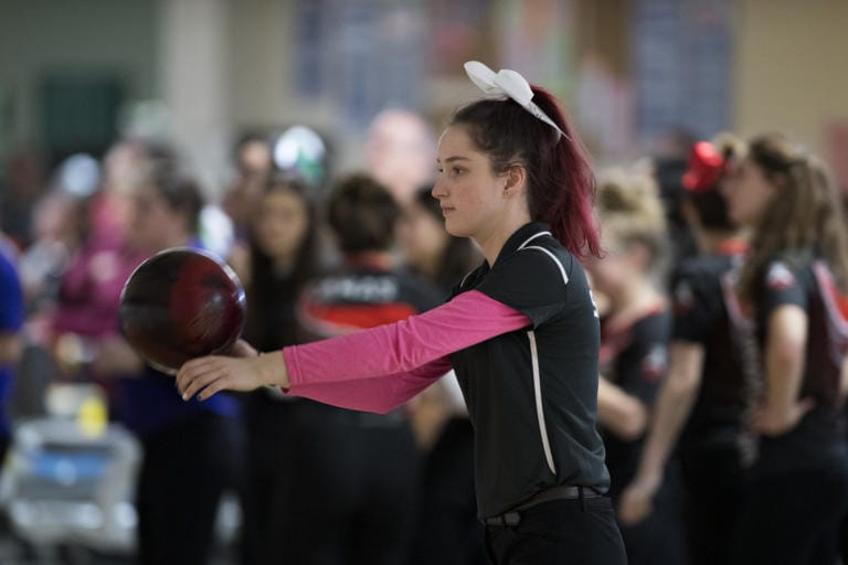 Skyview's Nicole Hayes steps up to the approach during girls district bowling action at Crosley Lanes on Friday afternoon, Jan. 31, 2020.