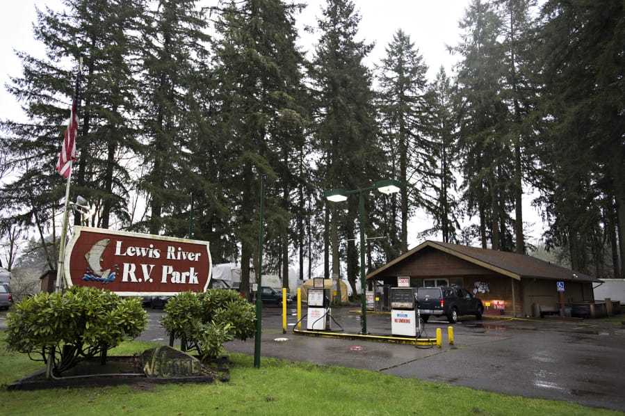 Signage is seen near the road at Lewis River RV Park in Woodland on Jan. 22.