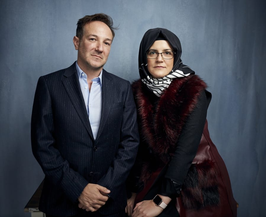 Director Bryan Fogel, left, and Hatice Cengiz pose for a portrait Jan. 24 to promote the film &quot;The Dissident&quot; at the Music Lodge during the Sundance Film Festival in Park City, Utah.