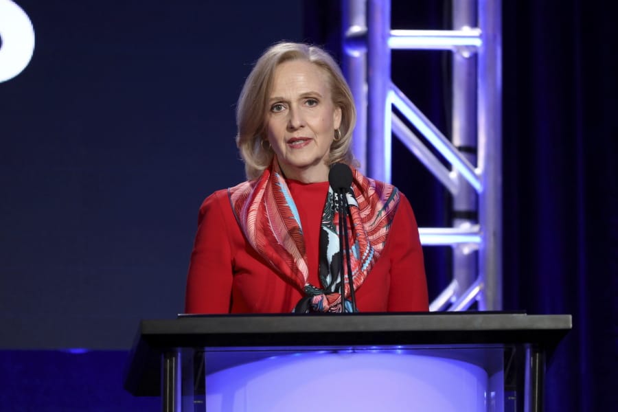 Paula Kerger, President and CEO at PBS speaks at the executive session during the PBS Winter 2020 TCA Press Tour at The Langham Huntington, Pasadena on Friday, Jan. 10, 2020, in Pasadena, Calif.