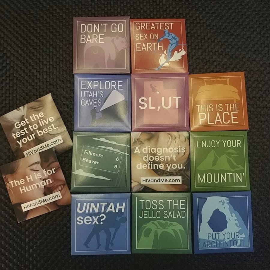This undated photo provided by the Utah Department of Health shows condoms. The state of Utah is trying something new to fight HIV infections: handing out condoms with cheeky plays on state pride.