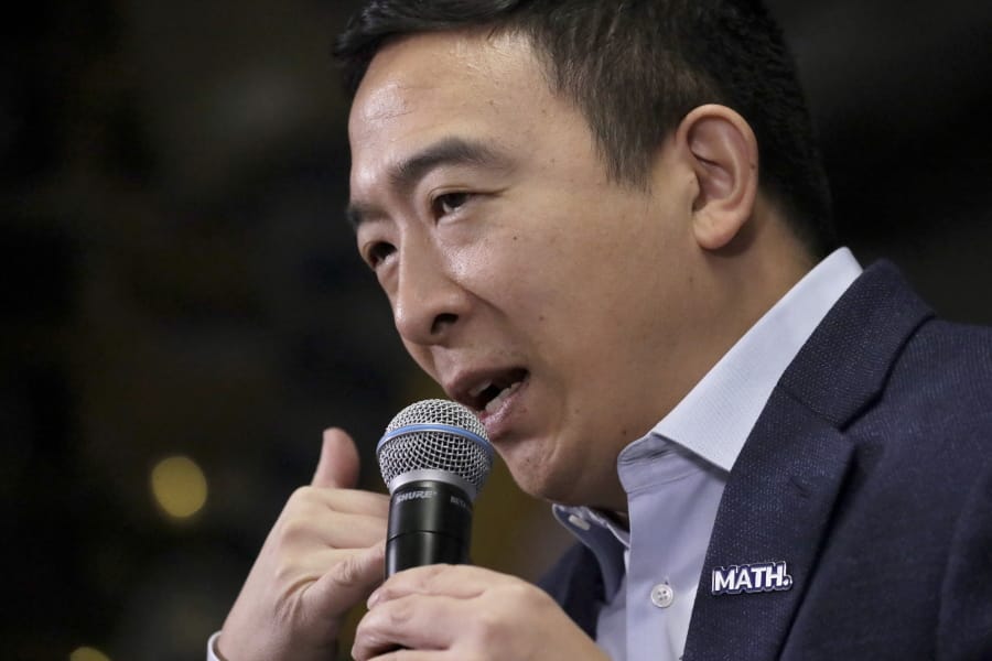Democratic presidential candidate Andrew Yang speaks during a campaign event at To Share Brewing Co., Wednesday, Jan. 8, 2020, in Manchester, N.H.