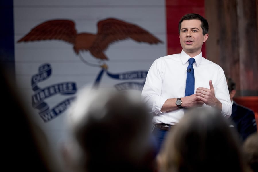 Democratic presidential candidate former South Bend, Ind., Mayor Pete Buttigieg speaks during a FOX News Channel Town Hall at the River Center, Sunday, Jan. 26, 2020, in Des Moines, Iowa.