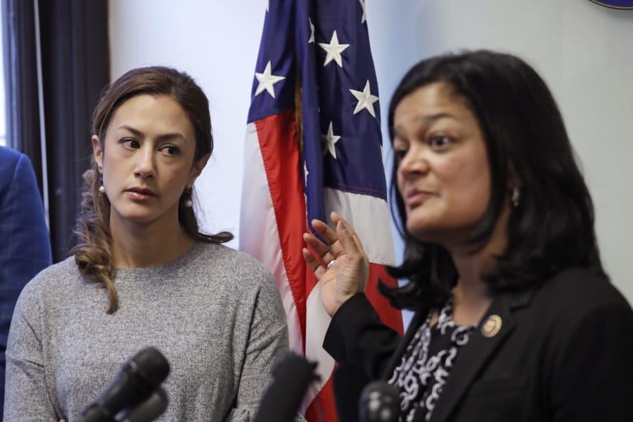 Negah Hekmati, left, looks on as Rep. Pramila Jayapal, D-Wash., addresses a news conference about Hekmati&#039;s ordeal during an hours-long delay returning to the U.S. from Canada with her family days earlier, Monday, Jan. 6, 2020, in Seattle. Civil rights groups and lawmakers were demanding information from federal officials following reports that dozens of Iranian-Americans were held up and questioned at the border as they returned to the United States from Canada over the weekend. In a statement Sunday, the Washington state chapter of the Council on American-Islamic Relations said more than 60 Iranians and Iranian-Americans were detained and questioned at the Peace Arch Border Crossing in Blaine, Washington.