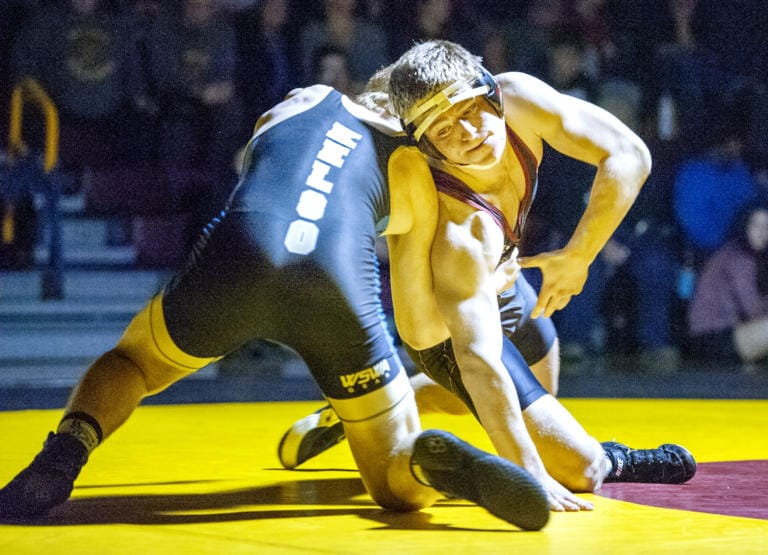 Prairie’s Easton Lane (182) earned a second-round pin over Kelso’s Micahael Hause in a 3A Greater St. Helens League dual on Wednesday at Prairie High School.