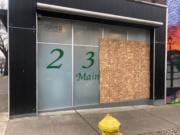 Vancouver police officers responded around 6:20 a.m. Saturday to Main Street Marijuana at 2314 Main Street for the report of a commercial burglary that just happened. Two large windows on the side of Main Street Marijuana facing West 24th Street were boarded up Monday morning.