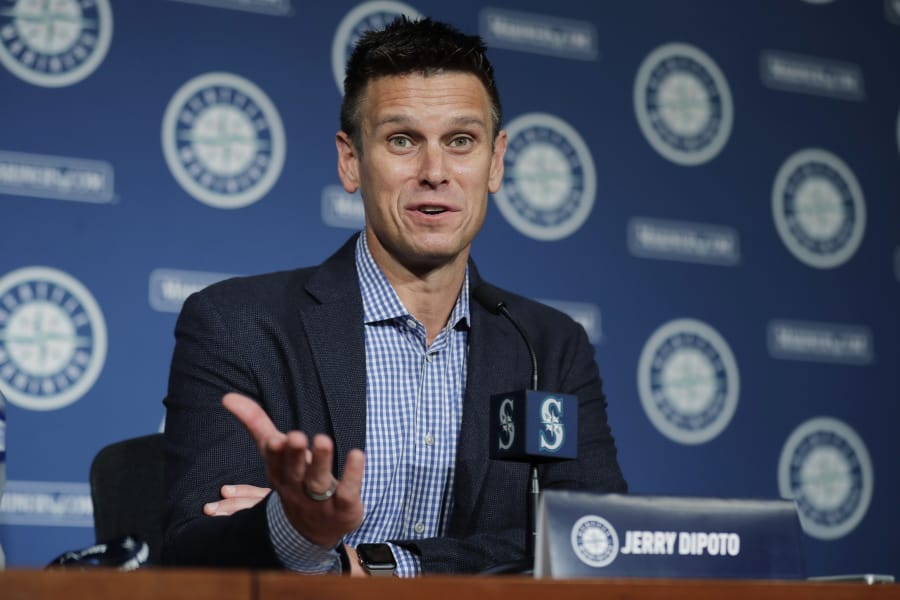 Seattle Mariners general manager Jerry Dipoto speaks Thursday, Jan. 23, 2020, in Seattle during the Seattle Mariners annual news conference before the start of Spring Training baseball. (AP Photo/Ted S.