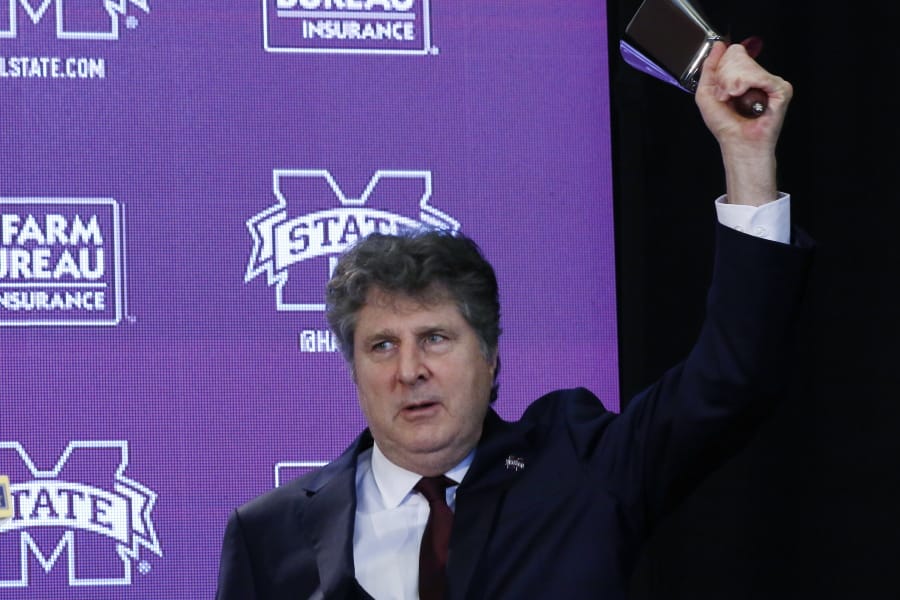 New Mississippi State NCAA college football coach Mike Leach speaks at a news conference Friday, Jan. 10, 2020, at the Starkville, Miss., based university, after being officially introduced as the head coach. (AP Photo/Rogelio V.