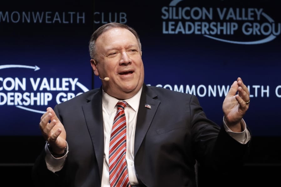 Secretary of State Mike Pompeo gestures while speaking at the Commonwealth Club in San Francisco, Monday, Jan. 13, 2020.