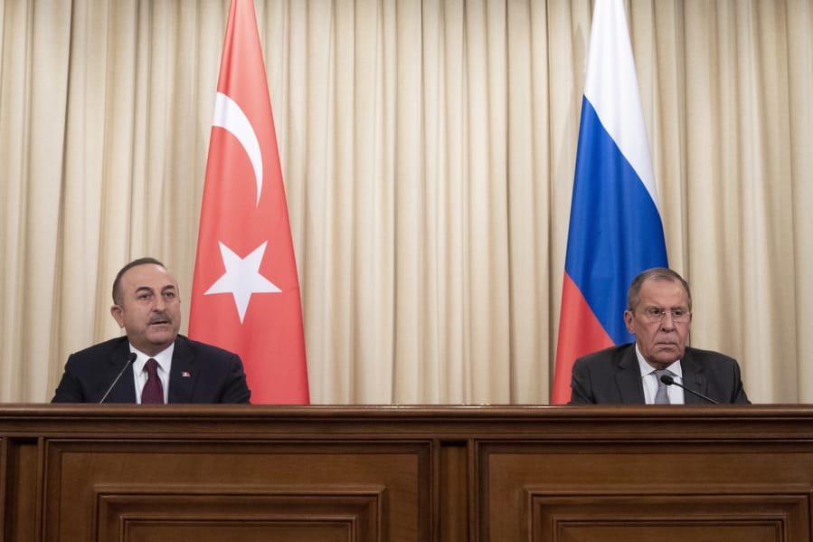 Turkish Foreign Minister Mevlut Cavusoglu, left, and Russian Foreign Minister Sergey Lavrov attend a joint news conference following their talks in Moscow, Russia, Monday, Jan. 13, 2020. Foreign and defense ministers of Russia and Turkey met as part of an effort by Moscow and Ankara to sponsor Monday&#039;s talks between rival parties in Libya in the Russian capital.