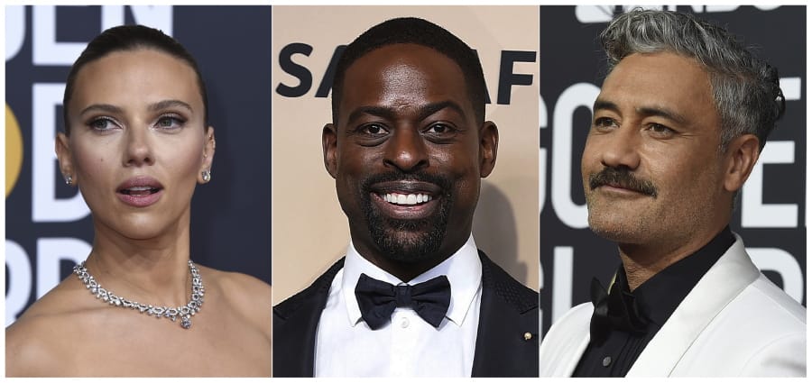 This combination of photos shows, from left, Scarlett Johansson, Sterling K. Brown and Taika Waititi, who will join Roman Griffin Davis, Jason Bateman, Lili Reinhart and Kaitlyn Dever as presenters at the 26th annual Screen Actors Guild Awards on Sunday, Jan. 19, 2020.