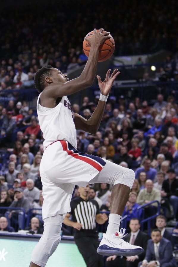 Gonzaga guard Joel Ayayi goes up for a layup during the first half of the team&#039;s NCAA college basketball game against Santa Clara in Spokane, Wash., Thursday, Jan. 16, 2020.