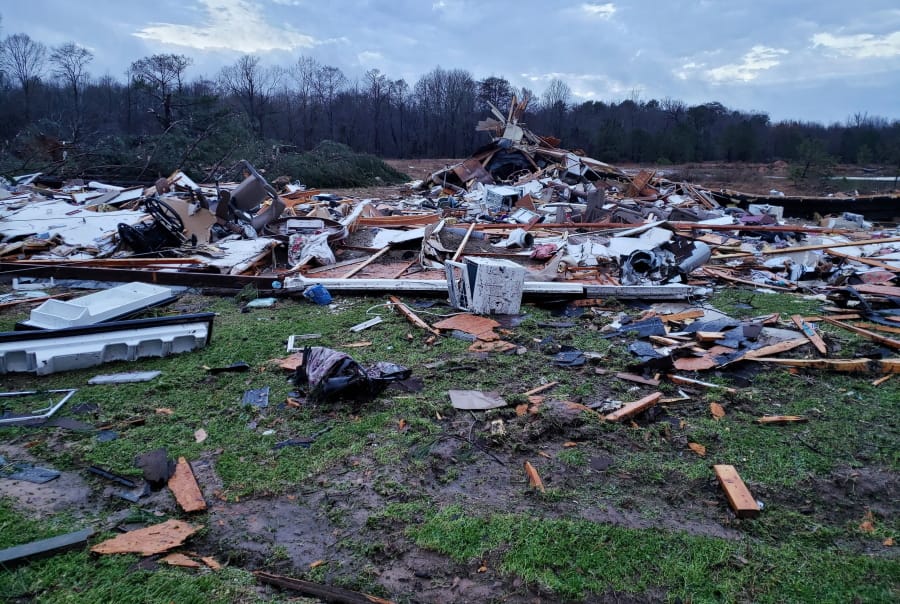 This photo provided by Bossier Parish Sheriff&#039;s Office shows damage from Friday nights severe weather, including the home of an elderly in Bossier Parish, La., on Saturday, Jan. 11, 2020.  The Bossier Parish Sheriff&#039;s Office said that the bodies of an elderly couple were found Saturday near their demolished trailer by firefighters. A search for more possible victims was underway.  (Lt.