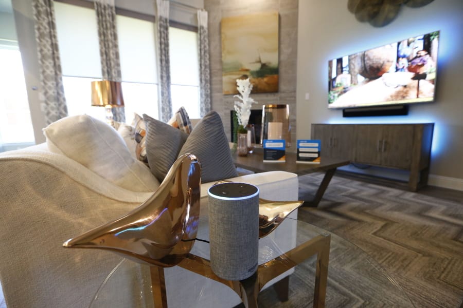 A second generation Echo that controls the blinds as well as televisions and lighting at an Amazon Experience Centers model home in Dallas, Texas.