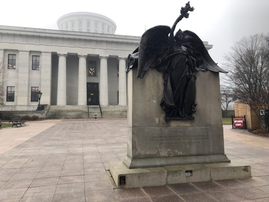 &quot;Peace,&quot; a statue on the grounds of the Ohio Statehouse that commemorates Civil War soldiers &quot;And The Loyal Women Of That Period,&quot; stands clear of morning fog on Wednesday, Jan. 15, 2020, in Columbus, Ohio. The Statehouse grounds don&#039;t include a statue of a real woman from Ohio history, an occurrence the Women&#039;s Suffrage Centennial Commission hopes to remedy by proposing a new memorial honoring the women who fought for the right to vote.