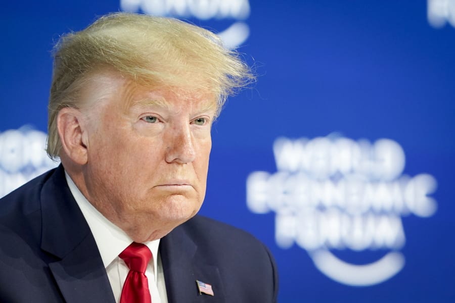 US President Donald Trump waits on stage before addressing a plenary session of the World Economic Forum in Davos, Switzerland, Tuesday, Jan. 21, 2020. The 50th annual meeting of the forum will take place in Davos from Jan. 21 until Jan. 24, 2020.