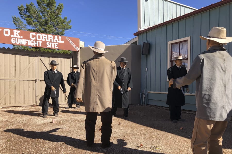 Life-sized replicas of the men who took part in a famous shootout in Tombstone, Ariz., are seen at the OK Corral in Tombstone on Saturday, Nov. 30, 2019. The men, lawmen and cowboys, are positioned as they were during the confrontation that left three dead and became one of the most famous shootouts in the Old West.