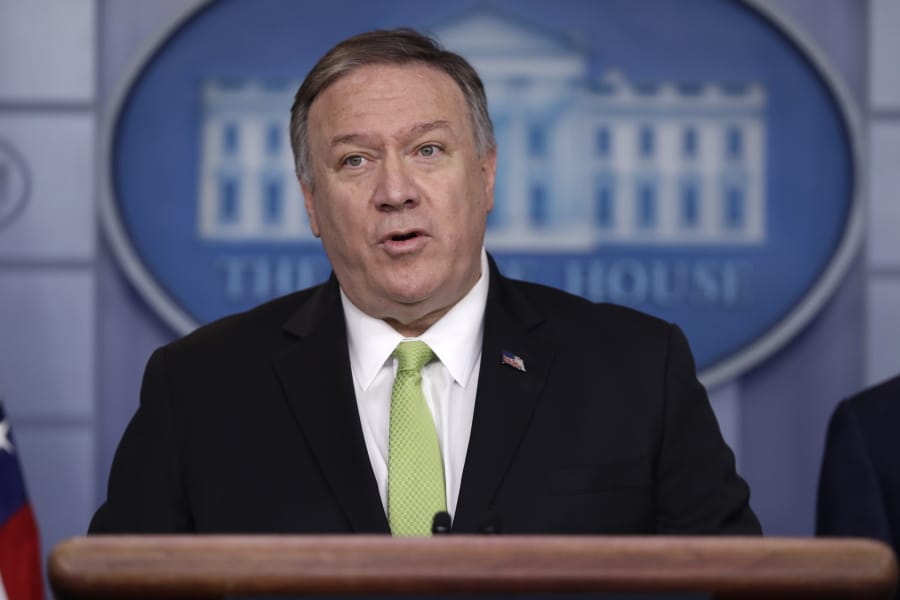 Secretary of State Mike Pompeo briefs reporters about additional sanctions placed on Iran, at the White House, Friday, Jan. 10, 2019, in Washington with and Treasury Secretary Steve Mnuchin.