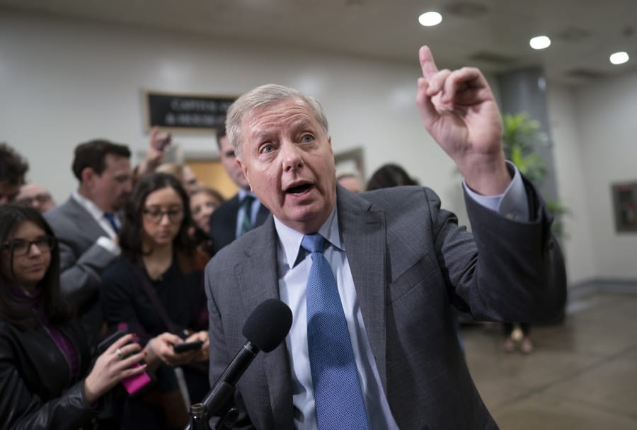Speaking to reporters during a break, Senate Judiciary Committee Chairman Lindsey Graham, R-S.C., attacks the Democrat&#039;s arguments in the impeachment trial of the president on charges of abuse of power and obstruction of Congress, in Washington, Friday, Jan. 24, 2020. (AP Photo/J.