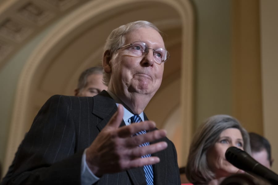 Senate Majority Leader Mitch McConnell, R-Ky., tells reporters he has secured enough Republican votes to start President Donald Trump&#039;s impeachment trial and postpone a decision on witnesses and documents Democrats want, at the Capitol in Washington, Tuesday Jan. 7, 2020. (AP Photo/J.
