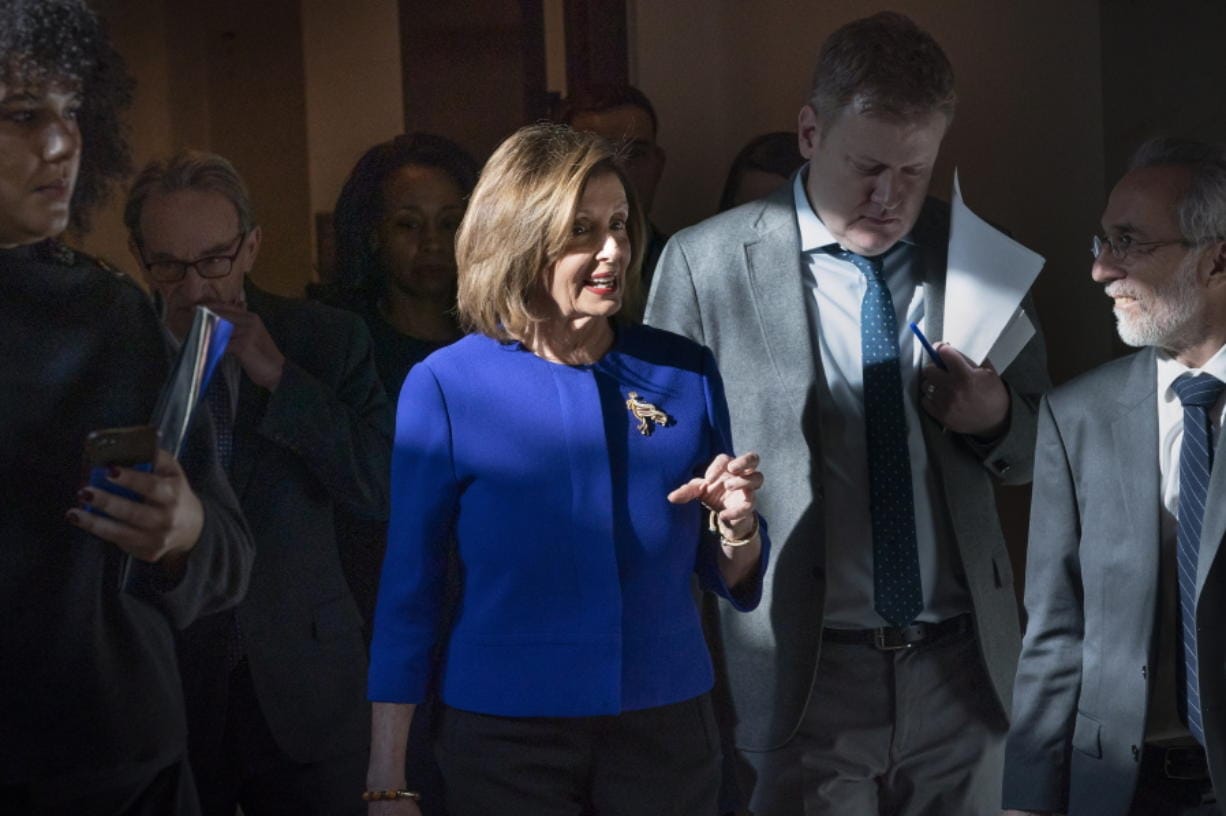Speaker of the House Nancy Pelosi, D-Calif., walks to meet with reporters following escalation of tensions this week between the U.S. and Iran, Thursday, Jan. 9, 2020, on Capitol Hill in Washington. The House plans to vote on a measure limiting President Donald Trump&#039;s ability to take military action against Iran as Democratic criticism of the U.S. killing of a top Iranian general intensified. (AP Photo/J.
