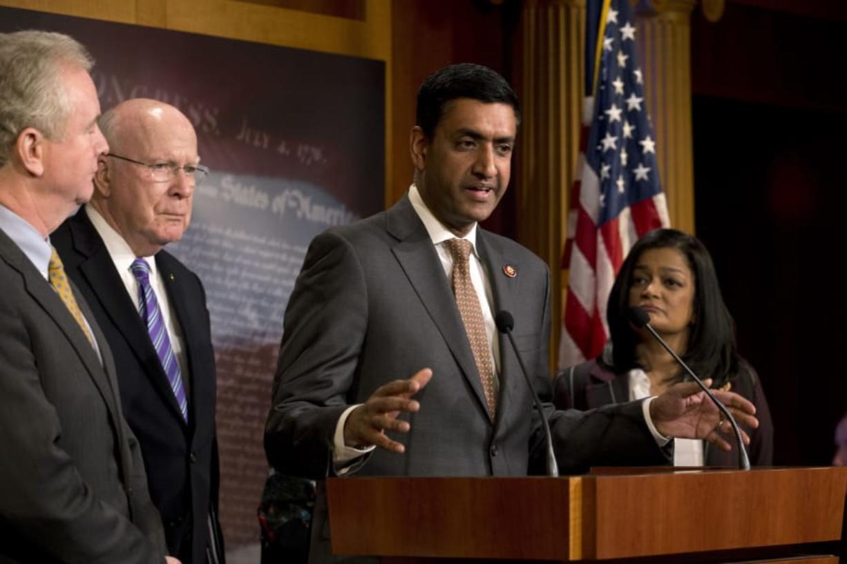 Rep. Ro Khanna, D-Calif., accompanied by Sen. Chris Van Hollen, D-Md., Sen. Patrick Leahy, D-Vt., and Rep. Pramila Jayapal, D-Wash., speaks during a news conference on a measure limiting President Donald Trump&#039;s ability to take military action against Iran, on Capitol Hill, in Washington, Thursday, Jan. 9, 2020.