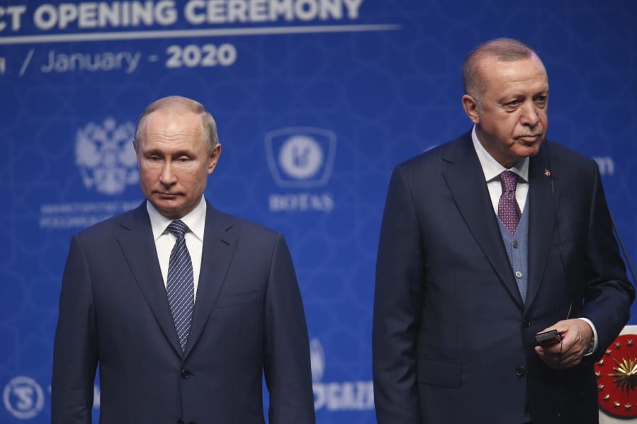Turkey&#039;s President Recep Tayyip Erdogan, right and Russia&#039;s President Vladimir Putin, left, attend a ceremony in Istanbul for the inauguration of the TurkStream pipeline, Wednesday, Jan. 8, 2020. The dual natural gas line connecting the countries will open up a new export path for Russian gas into Turkey and Europe, through new and existing lines.