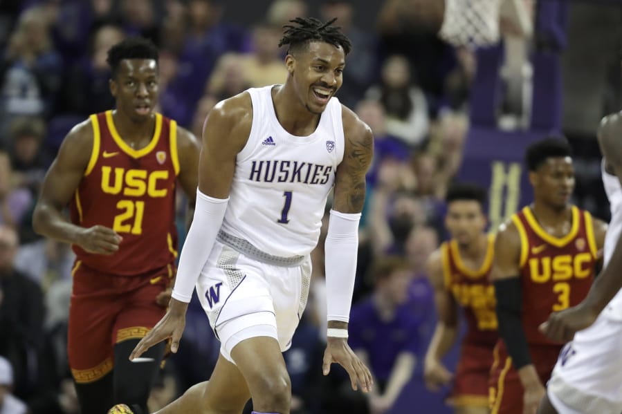 Washington forward Nate Roberts (1) reacts to a play against Southern California during the first half of an NCAA college basketball game, Sunday, Jan. 5, 2020, in Seattle. (AP Photo/Ted S.