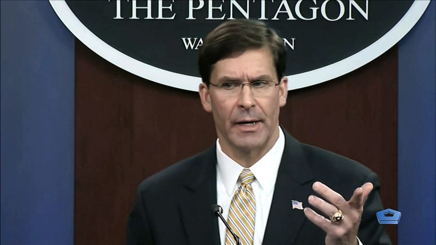 In this image from video, Secretary of Defense Mark Esper talks to the press on Iran and Iraq, Tuesday, Jan. 7, 2020, at the Pentagon in Washington.