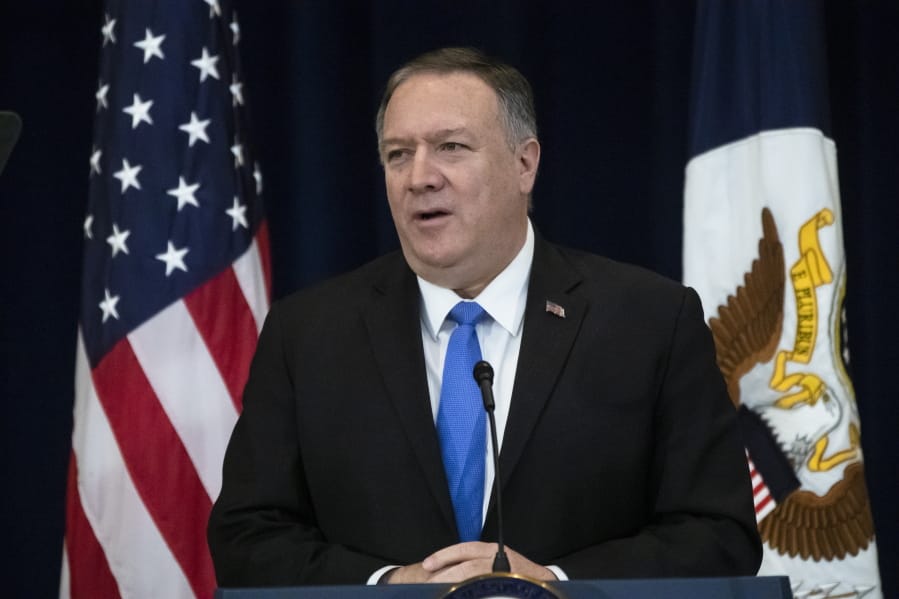 Secretary of State Mike Pompeo delivers remarks on human rights in Iran at the State Department in Washington, Thursday, Dec. 19, 2019.