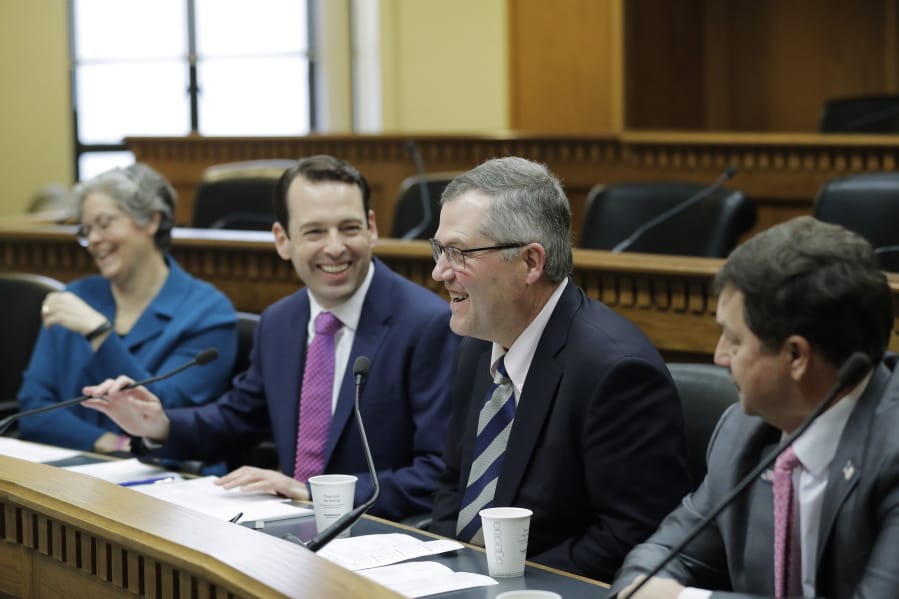 From left, House Speaker Designate Laurie Jinkins, D-Tacoma, Senate Majority Leader Andy Billig, D-Spokane, House Minority Leader J.T. Wilcox, R-Yelm, and Senate Minority Leader Mark Schoesler, R-Ritzville, take part in the AP Legislative Preview, Thursday, Jan. 9, 2020, at the Capitol in Olympia, Wash. (AP Photo/Ted S.