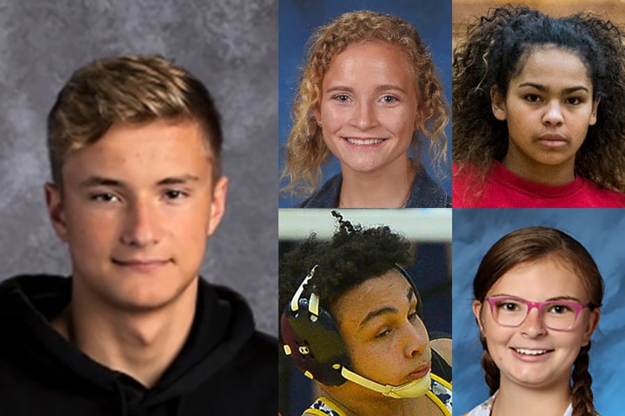 Week 5 winter sports prep athlete of the week Ilia Zablotovskii of Evergreen swimming with other nominees (clockwise from top left) Tyla Engstrom of Ridgefield wrestling, Jaydia Martin of Hudson's Bay basketball, CJ Hamblin of Seton Catholic wrestling and Anna Gatlin of Prairie bowling